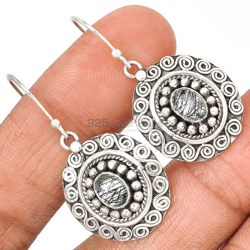 925 Sterling Silver Earrings In Genuine Black Rutile Gemstone 925SE2990_1