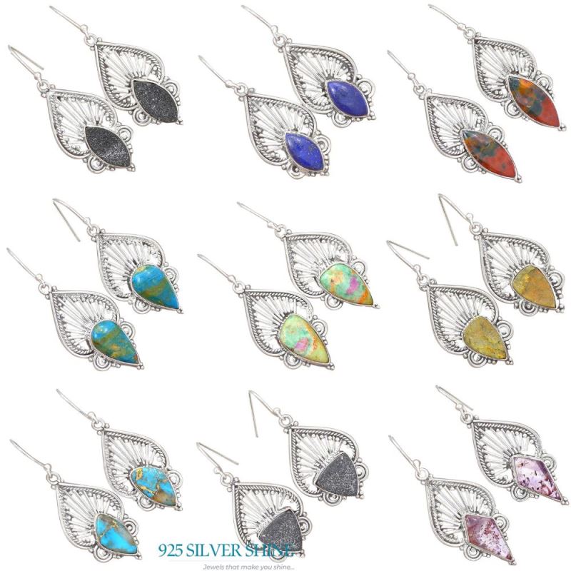 Solid 925 Silver Earrings In Semi Precious Wood Jasper Gemstone 925SE2647_3