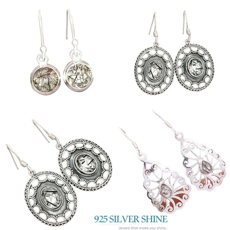 Fine 925 Sterling Silver Earrings In Genuine Black Rutile Gemstone 925SE2721_3