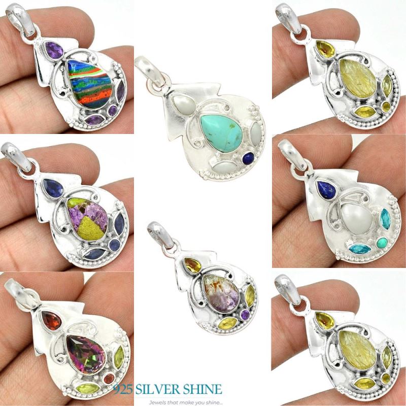 Solid Sterling Silver Handmade Pendants In Multi Gemstone Jewelry 925SP21-3_4