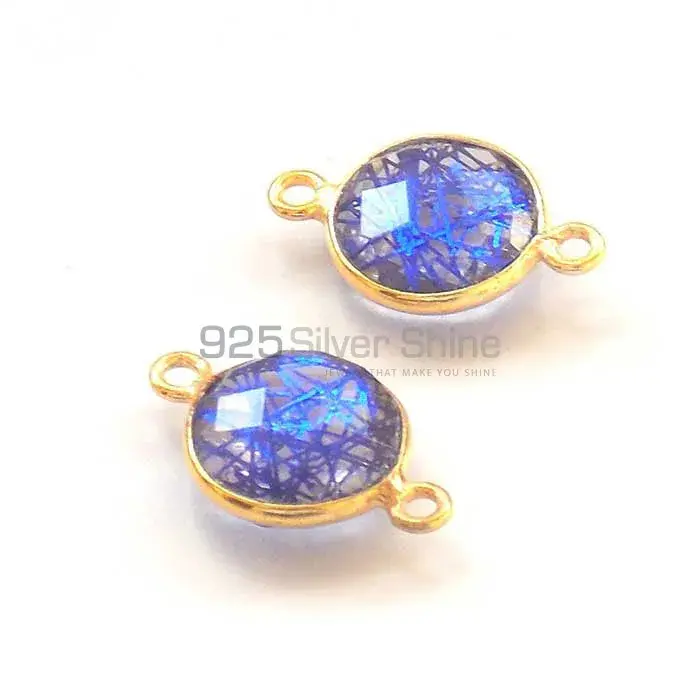 Blue Rutilated Round Gemstone Double Bail Bezel Sterling Silver Gold Vermeil Gemstone Connector 925GC297_0