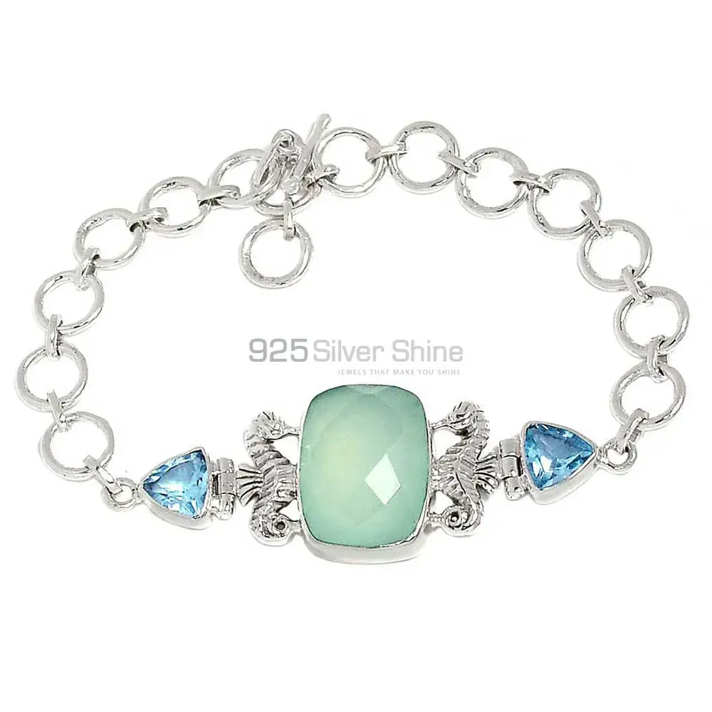Chalcedony-Blue Topaz Gemstone Handmade Bracelets In Solid Sterling Silver Jewelry 925SB298-1