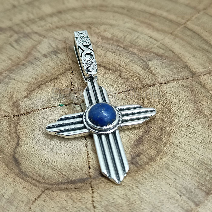 Cross Oxidised 925 Silver Pendant In Natural Lapis Lazuli Gemstone 925NSP19_0
