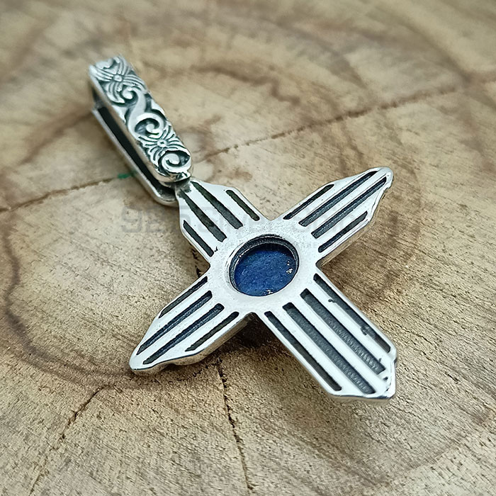Cross Oxidised 925 Silver Pendant In Natural Lapis Lazuli Gemstone 925NSP19_1