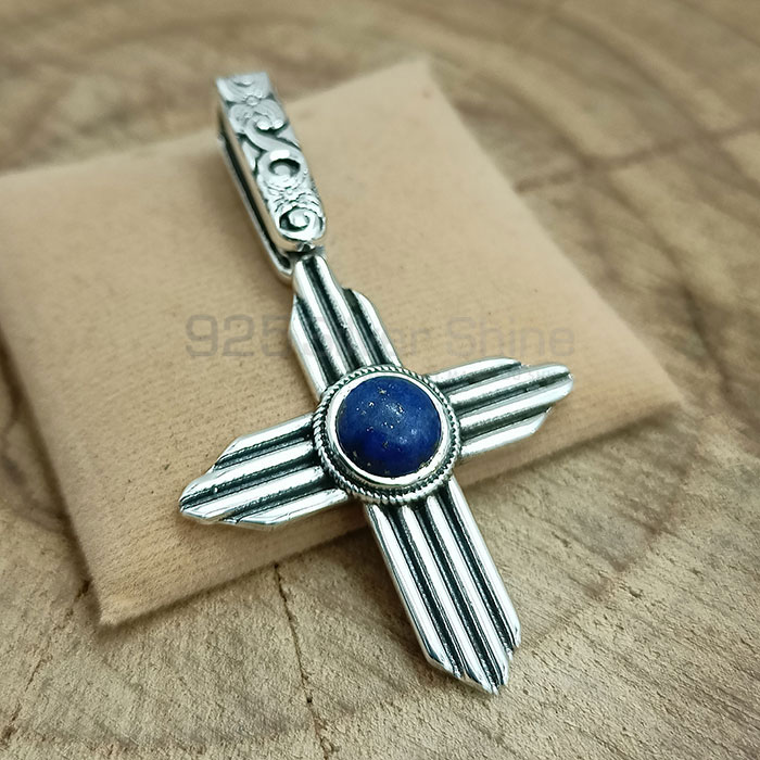 Cross Oxidised 925 Silver Pendant In Natural Lapis Lazuli Gemstone 925NSP19