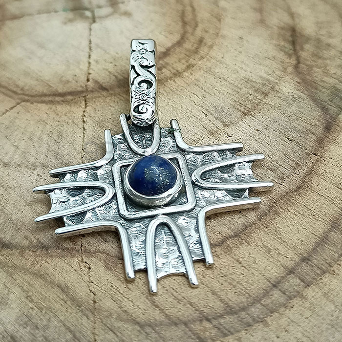 Ethnic Oxidised Sterling Silver Pendant In Lapis Lazuli Gemstone 925NSP22_1