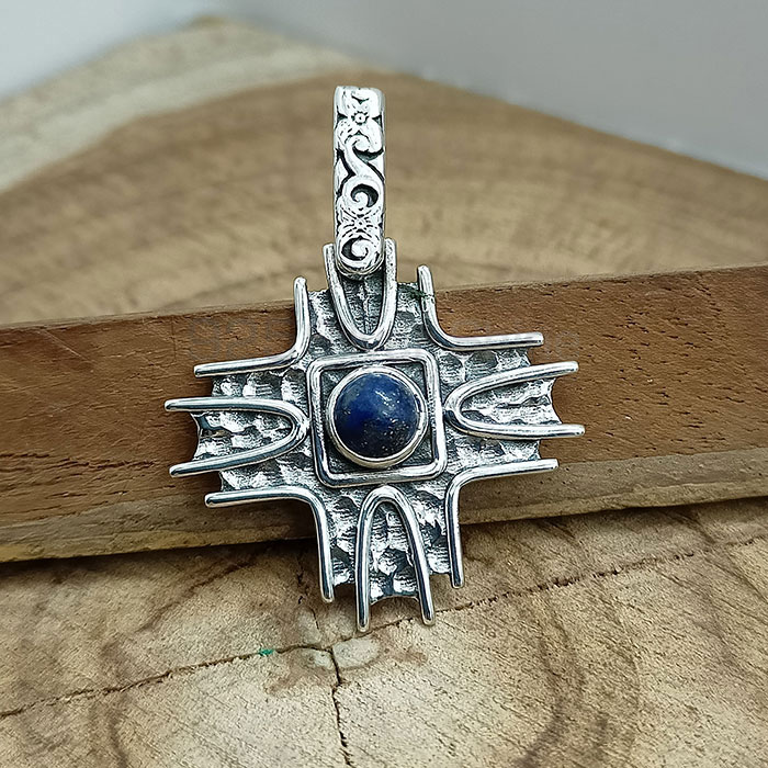 Ethnic Oxidised Sterling Silver Pendant In Lapis Lazuli Gemstone 925NSP22_3