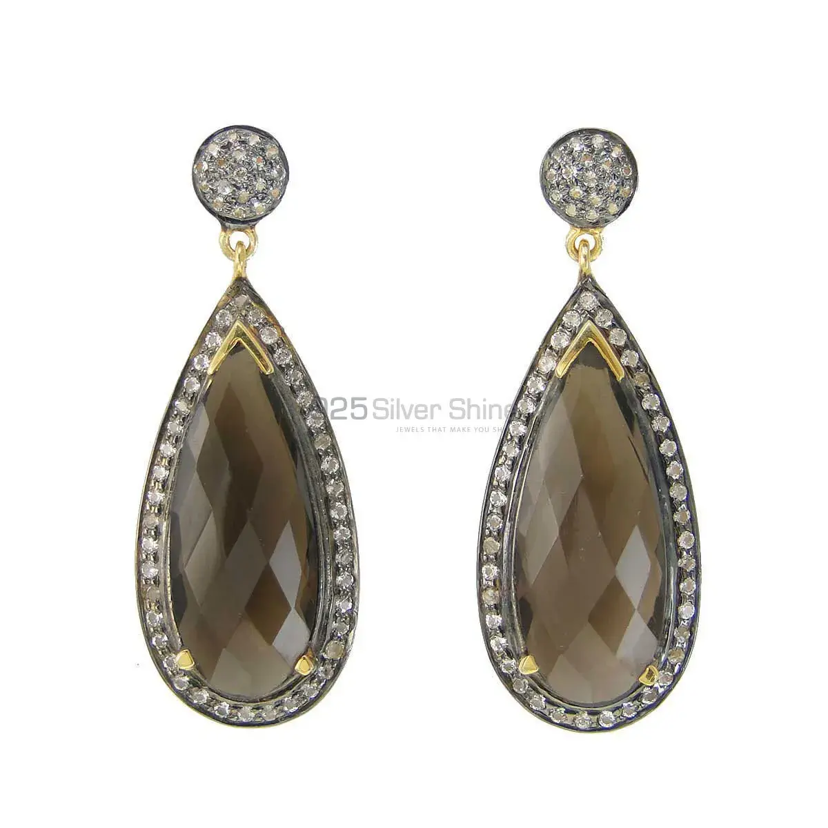 Fine 925 Sterling Silver Earrings In Genuine Smoky Quartz Gemstone 925SE2000_0