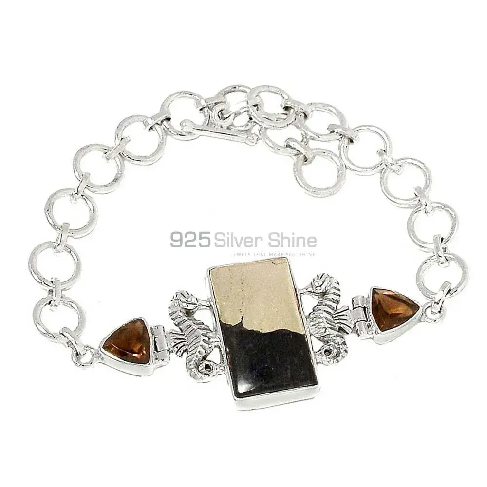 Pyrite-Smoky Quartz Gemstone Bracelets In Fine Sterling Silver Jewelry 925SB298-2