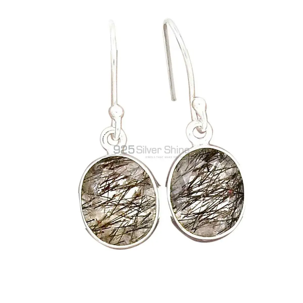 Semi Precious Black Rutile Gemstone Earrings In 925 Sterling Silver 925SE2723_4