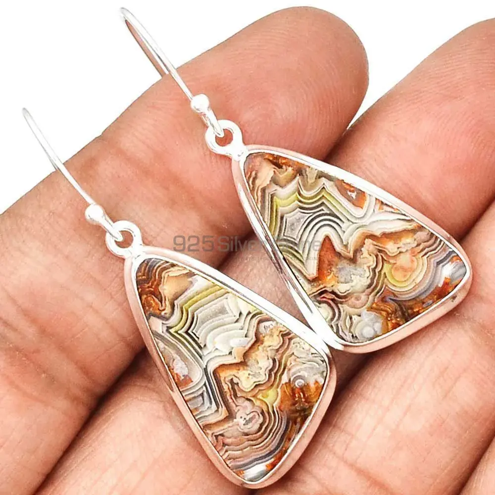Solid 925 Silver Earrings In Semi Precious Mexican Laguna Lace Gemstone 925SE2255_1
