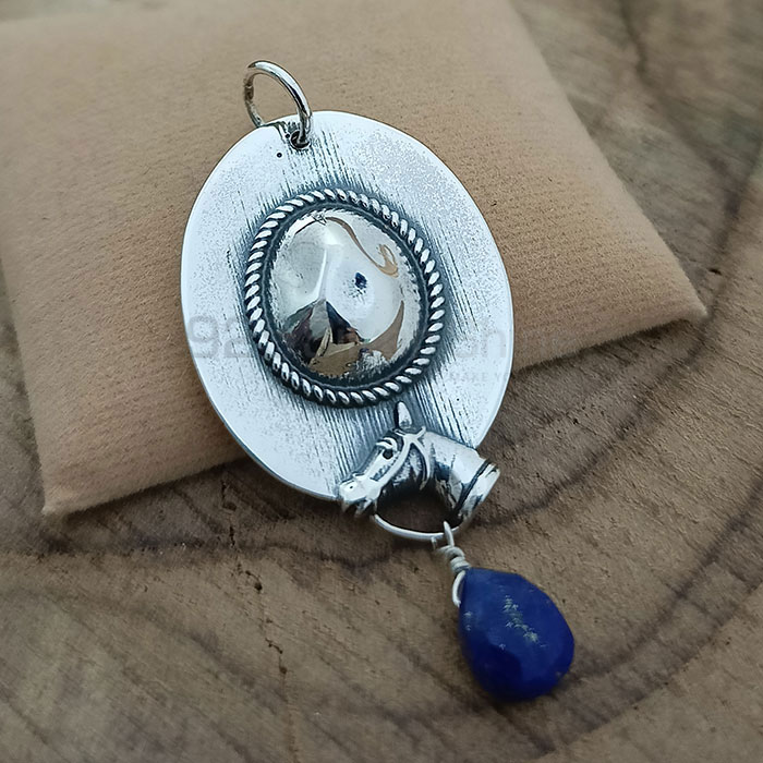 Sterling Silver Horse With Cap Design Pendant In Lapis Drop Beads 925NSP23