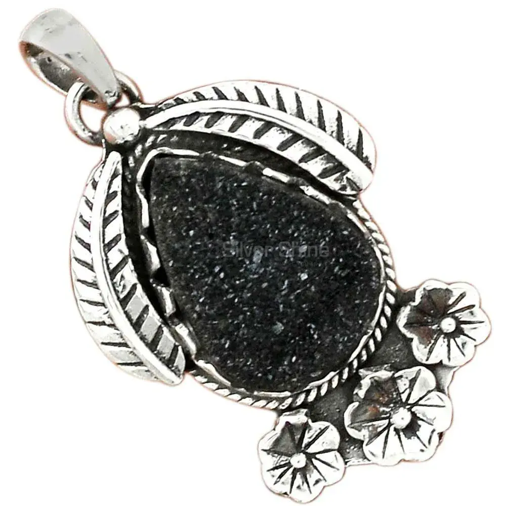 Black Druzy Gemstone Handmade Pendants In Solid Sterling Silver Jewelry 925SP54-5_0